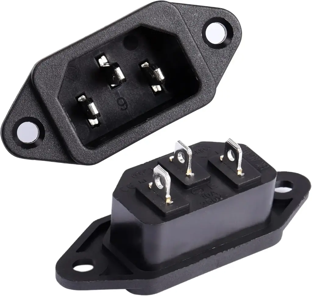 3-Pin Female Power Socket 10A 250V AC with Male Connector, AC Input, and Panel Mount